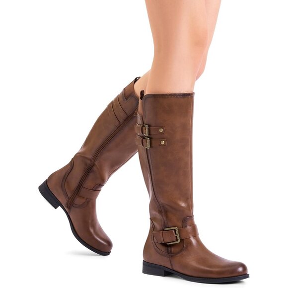 Women's Faux Leather Tan Knee High Buckle Chunky Heel Flat Riding Pirate Boots - Picture 6 of 7